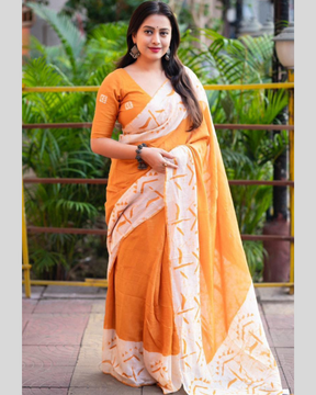 Yellow Cotton Saree With Blouse Piece For Women.