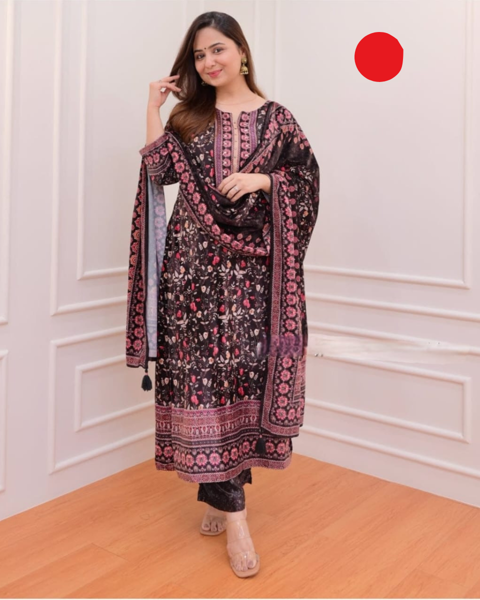 Black Printed Muslin Fabric Women Kurta Set