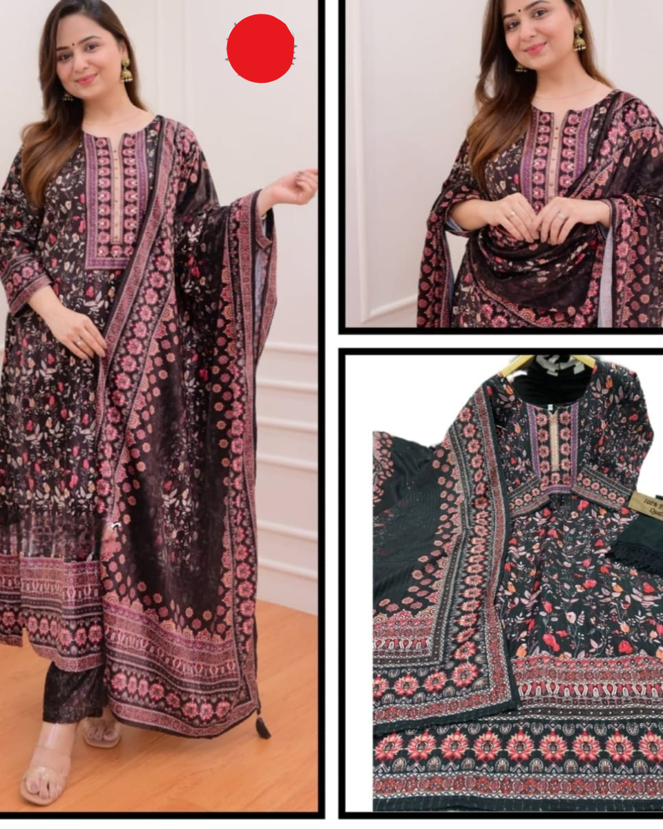 Black Printed Muslin Fabric Women Kurta Set