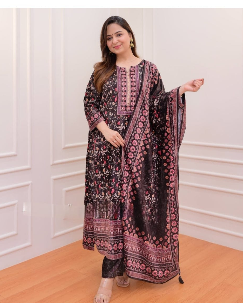 Black Printed Muslin Fabric Women Kurta Set