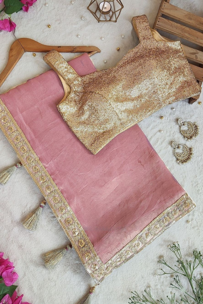 Partywear Soft Tissue Silk Gold Tone Saree with Blouse