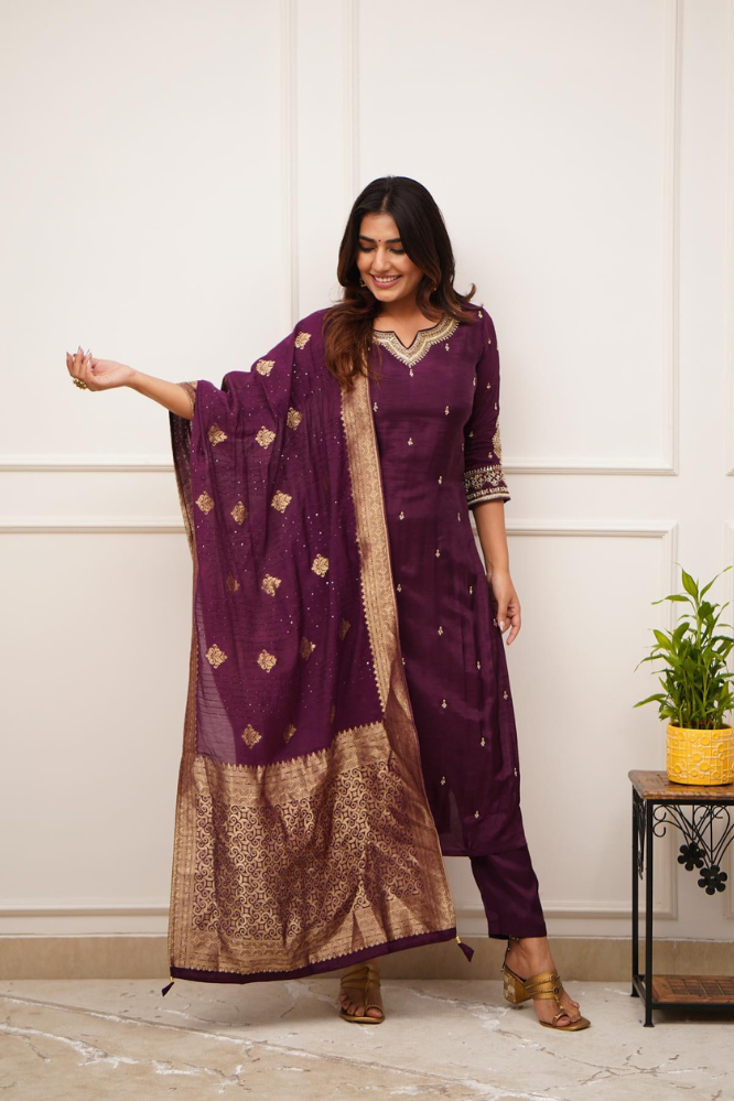 Wine Color Fully Stitched Suit set with Dupataa