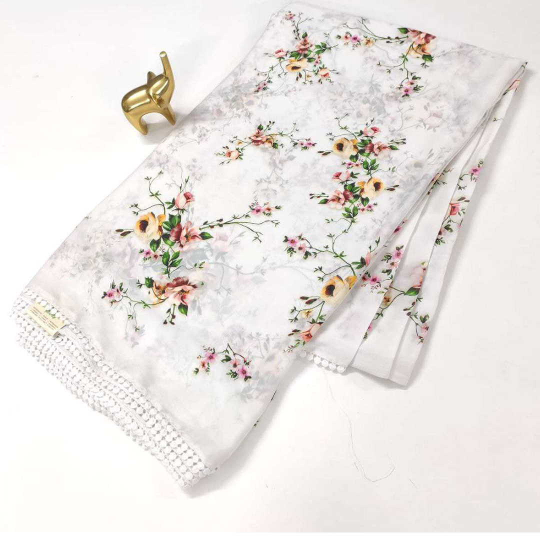 White Floral Printed Georgette Saree