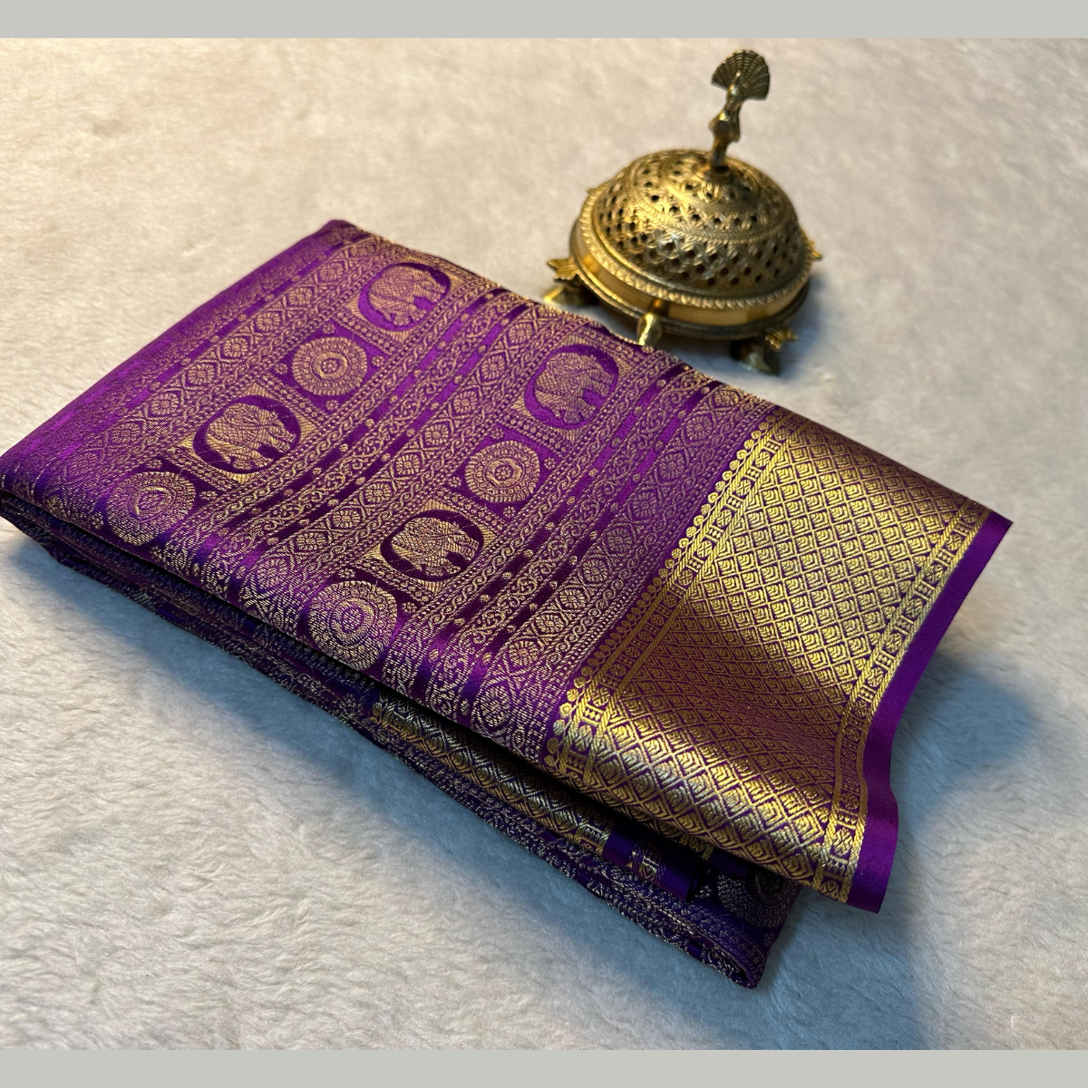 Purple Mysore Silk Brocade saree in gold border