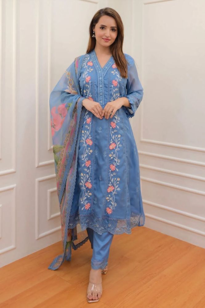 Anarkali Embroidery Dress With Digital Print Organza Floral Dupatta