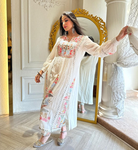 Georgette Hand Embroidered White Colored suit Set with Dupatta