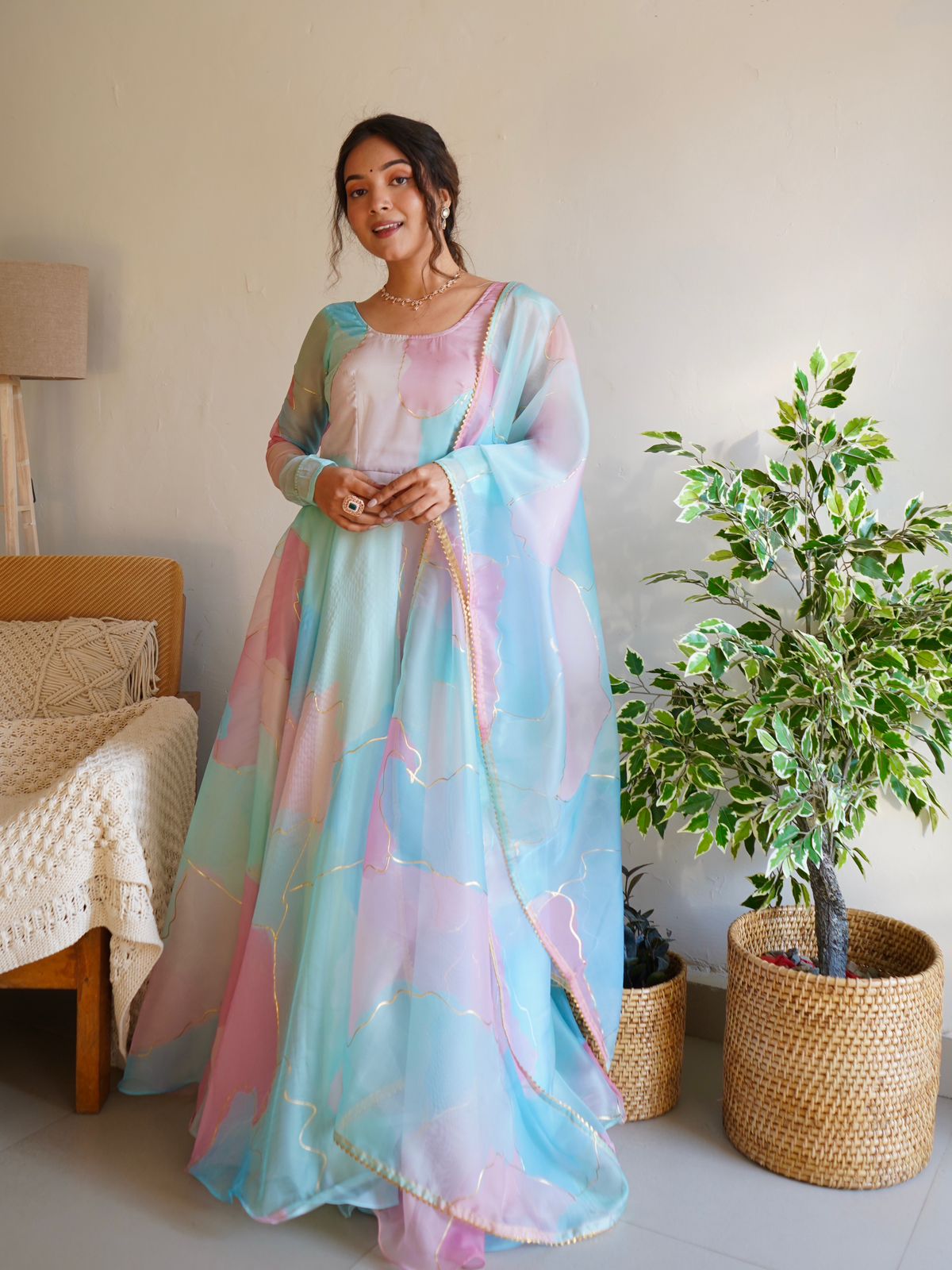 Digitally Printed & Hand Worked Pure Soft Organza Silk Anarkali Suit