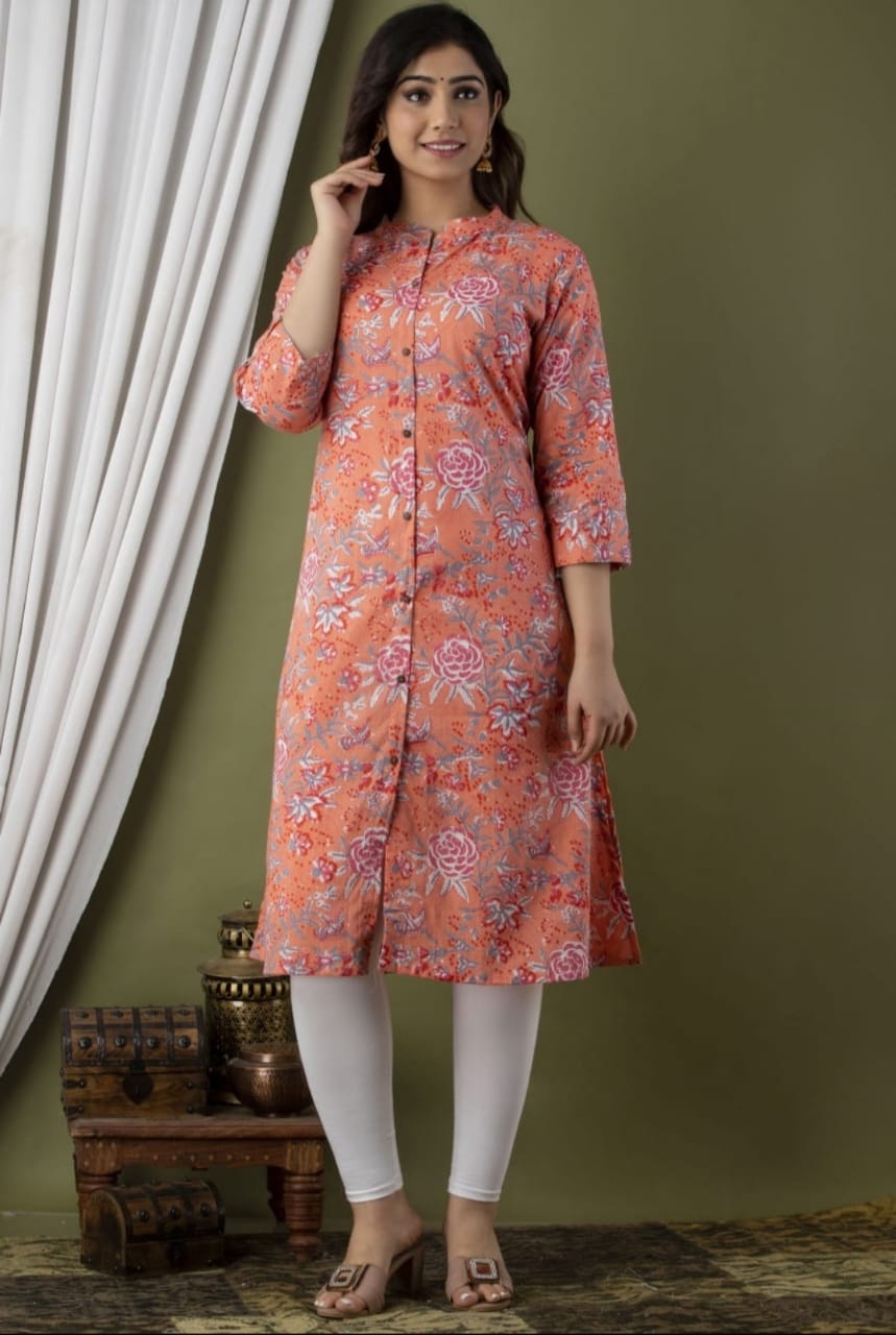Designer Orange Color Floral Printed Cotton Kurti for Casual Wear