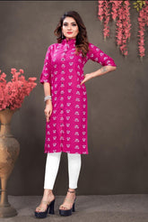 Pink Color Straight Button Pure Cotton Kurti for Women