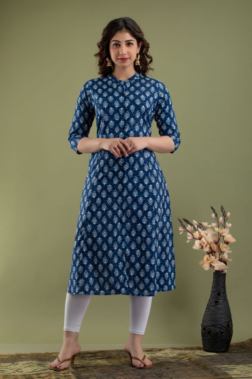 Women Straight Button Princess Cut A Line Cotton Kurti