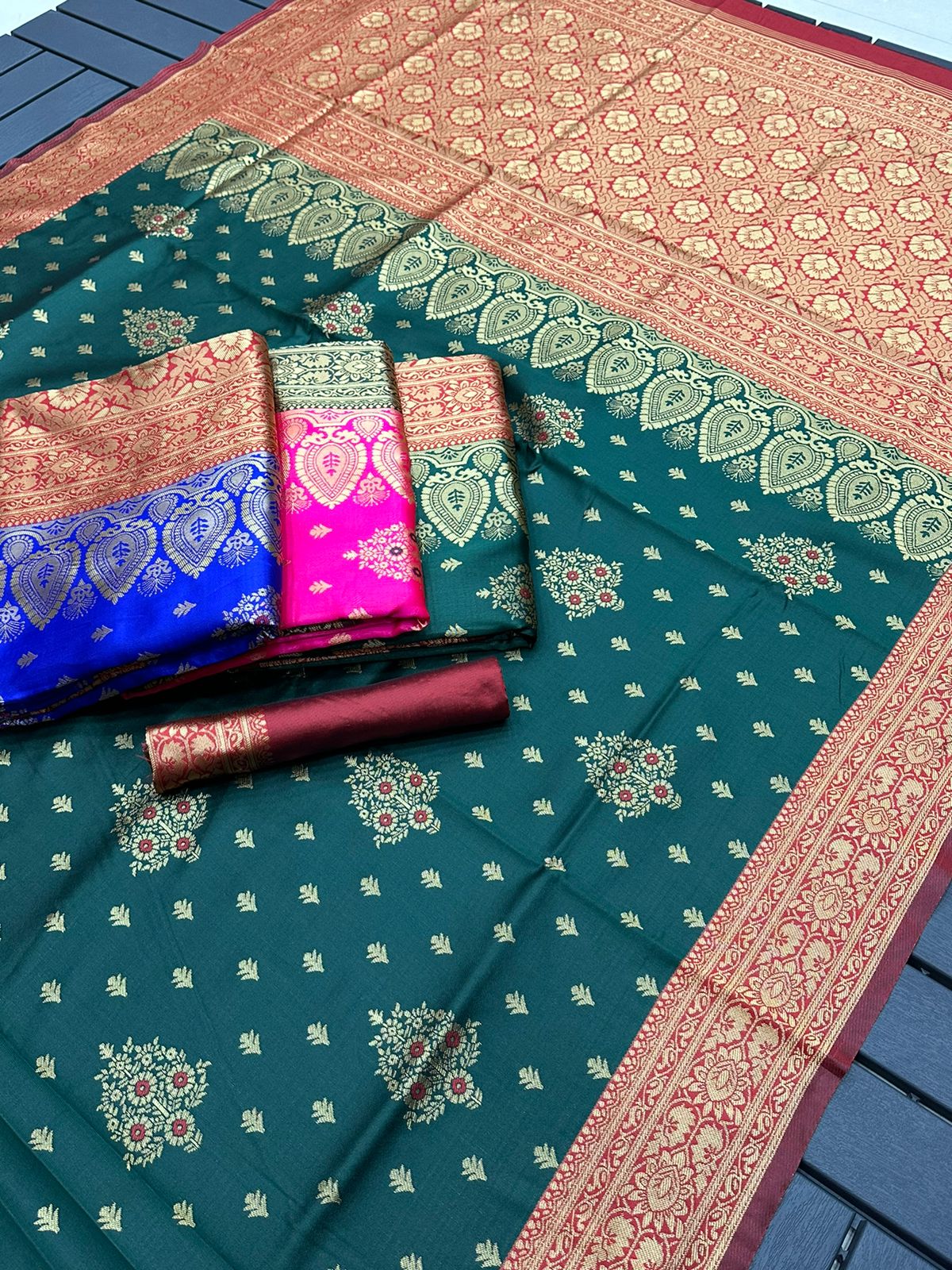 green soft silk jacquard waving work saree