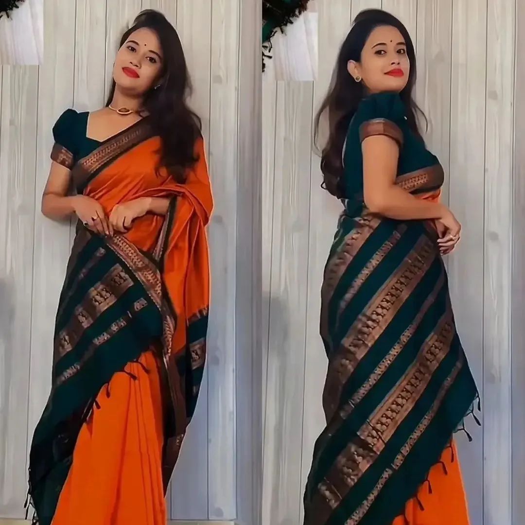 Orange Soft Lichi Silk Saree For Women