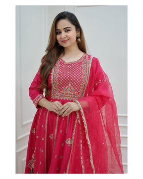 Cotton Rayon Stitched Anarkali Pink Gown