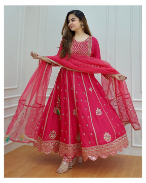 Cotton Rayon Stitched Anarkali Pink Gown