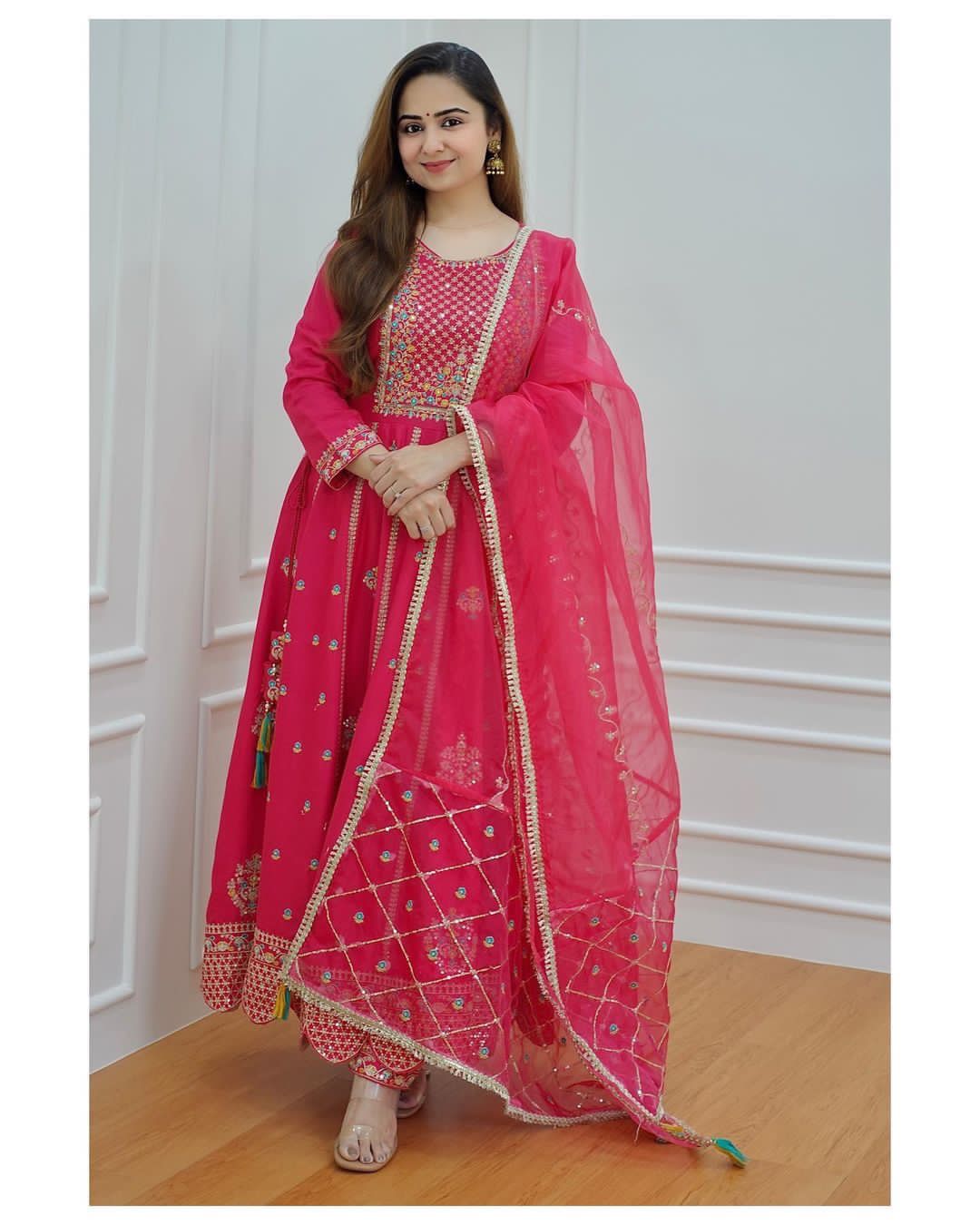 Cotton Rayon Stitched Anarkali Pink Gown
