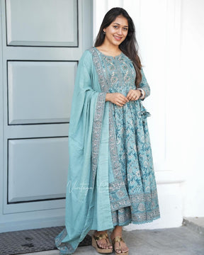 Sky Blue Anarkali Kurta Set With Dupatta