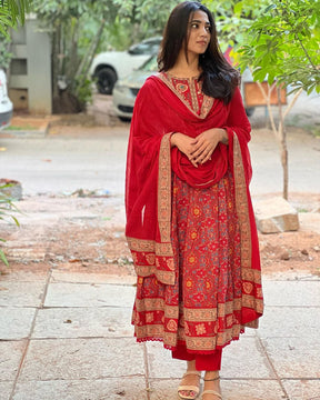 Maroon Pure cotton Three Piece Maroon Anarkali Suit Set