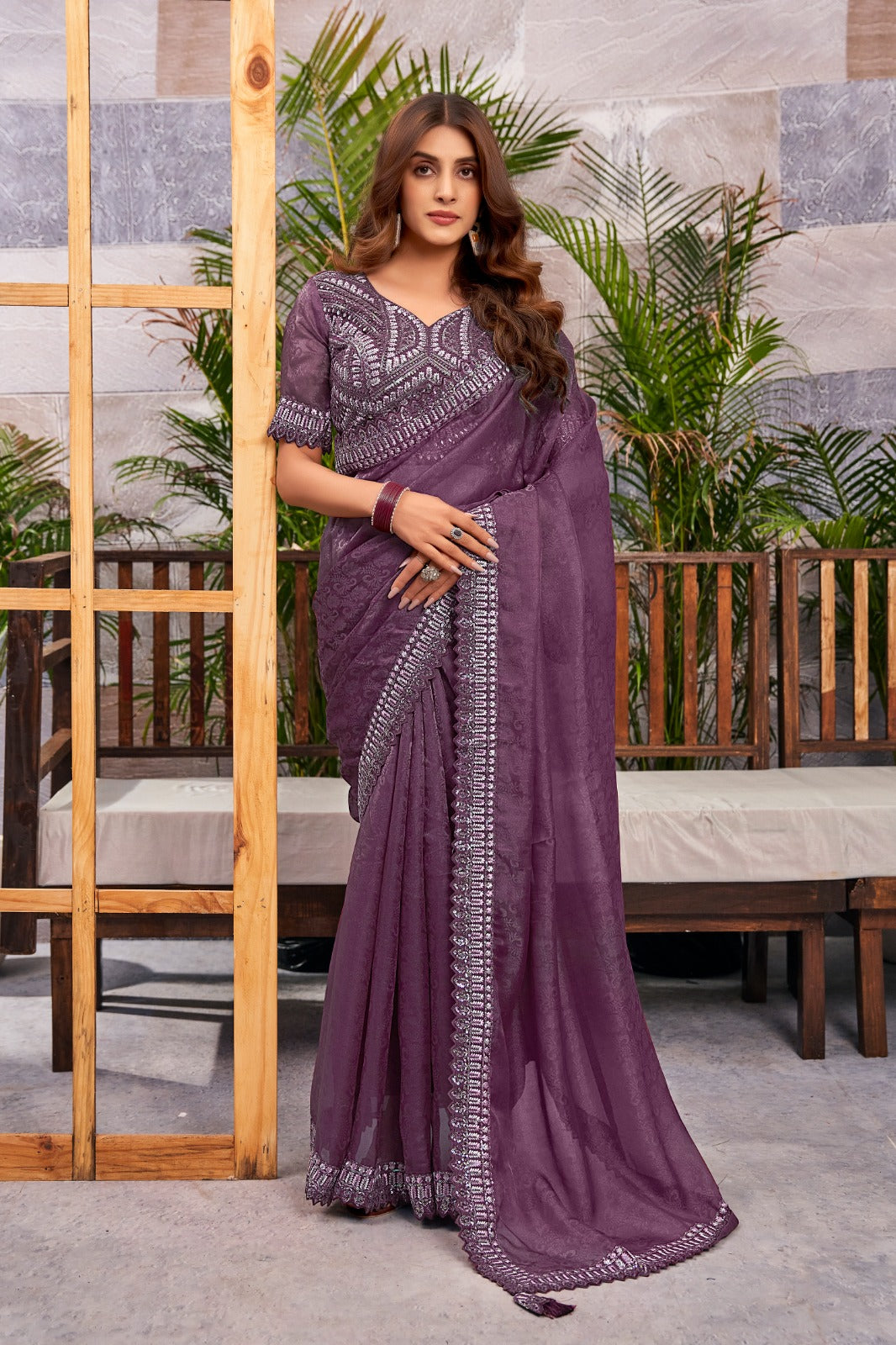 Wine Color Fancy Heavy work Party Wear Saree With Stitched Blouse