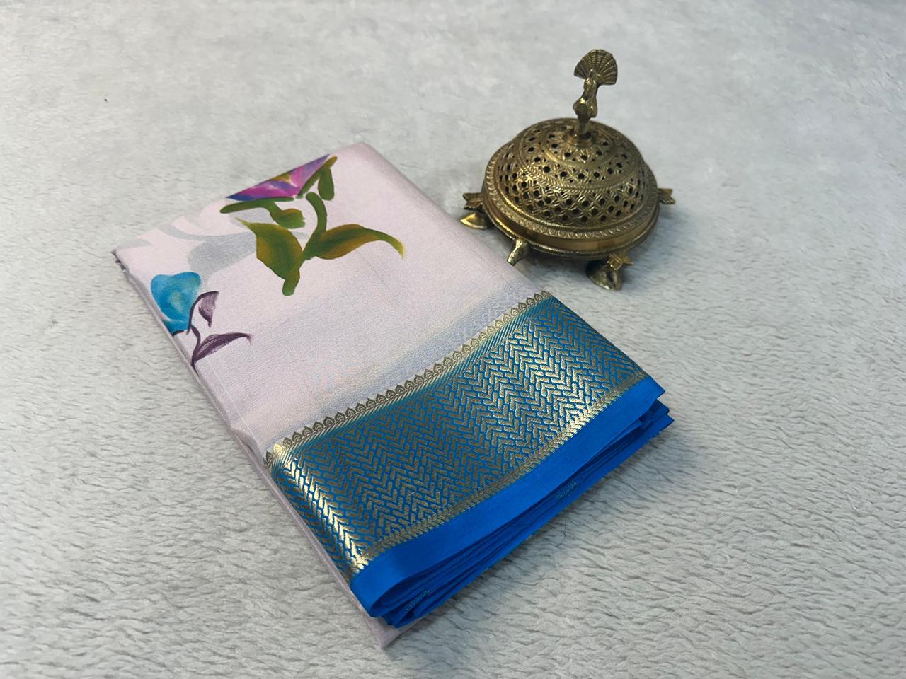 Premium Mysore Printed Crepe Silk Sarees for Evening Wear for Weddings & Festive Wear