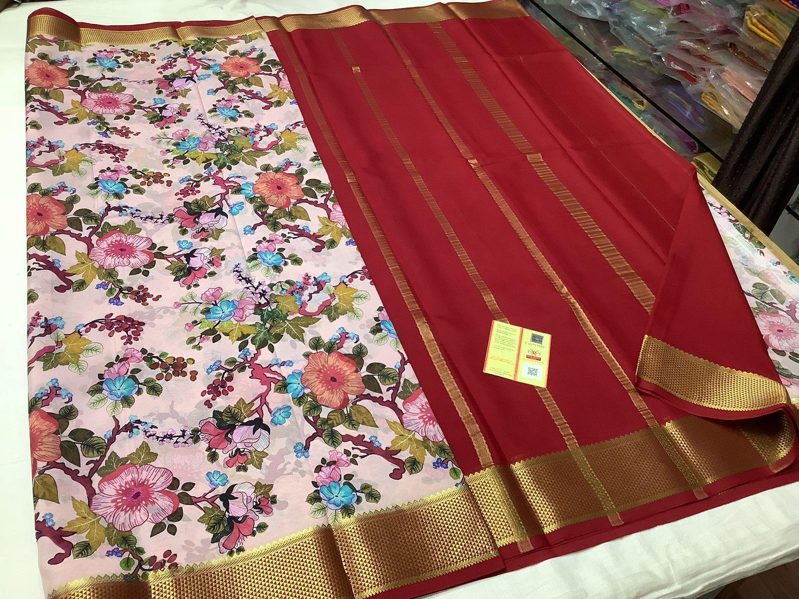 Premium Mysore Printed Floral Silk Sarees for Women for Weddings & Festive Wear