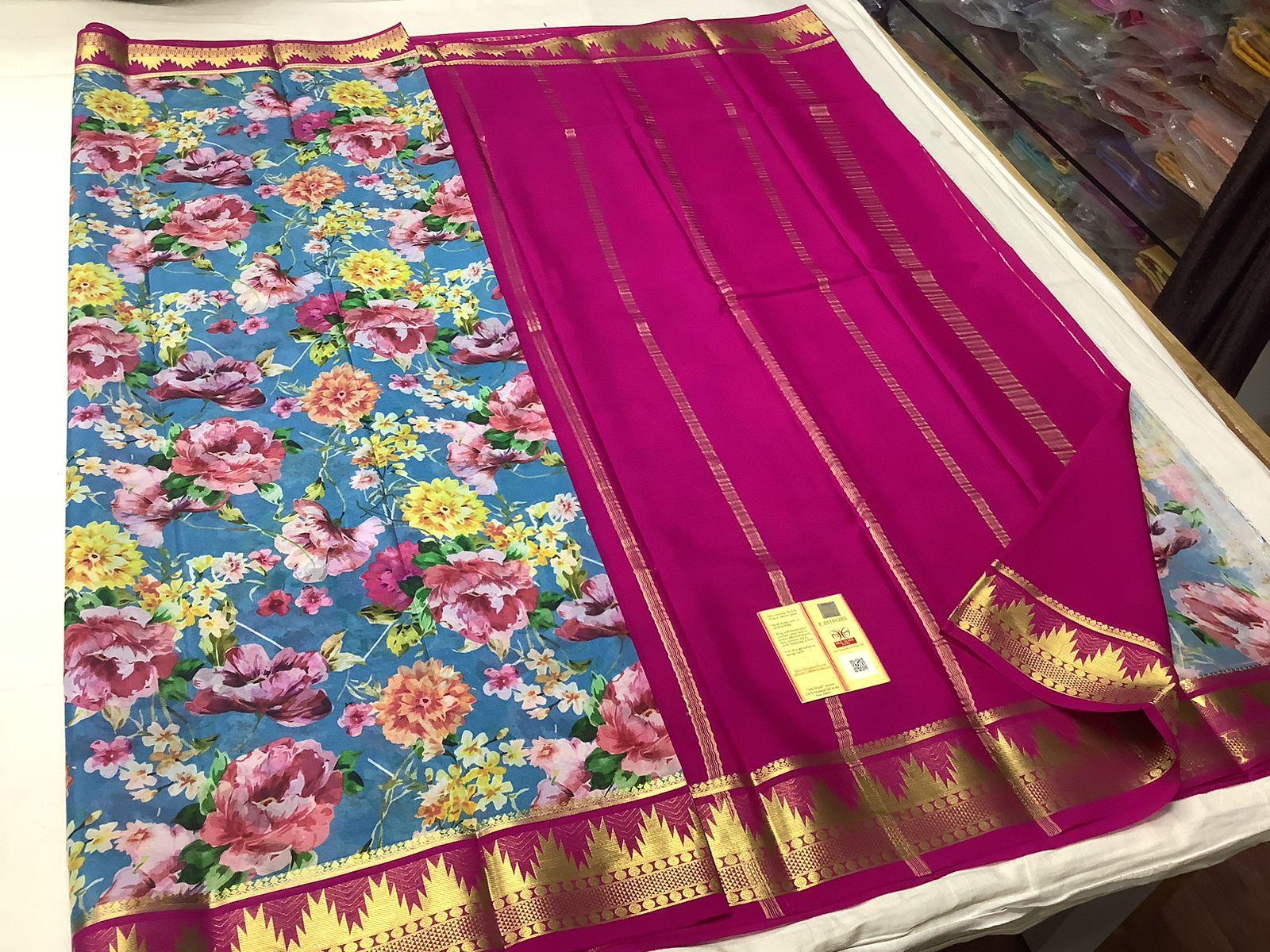 Premium Vintage Mysore Printed Floral Silk Sarees for Weddings & Festive Wear