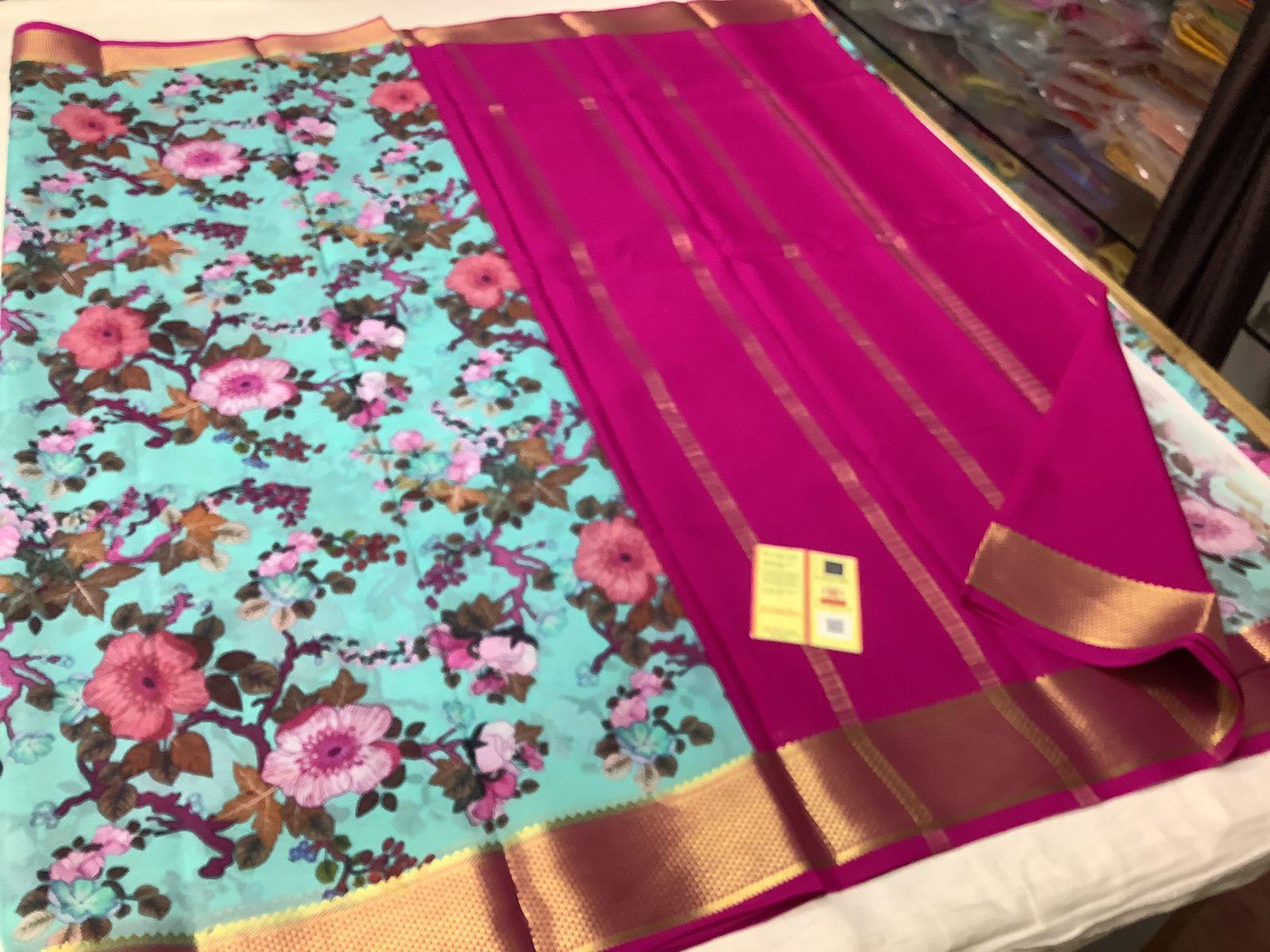 Premium Elegant Mysore Printed Silk Sarees with Floral Motifs for Weddings & Festive Wear