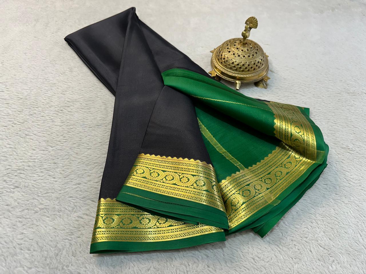 Premium Timeless Splendor: Pure Mysore Silk Saree with Golden Zari Borders for Weddings & Festive Wear