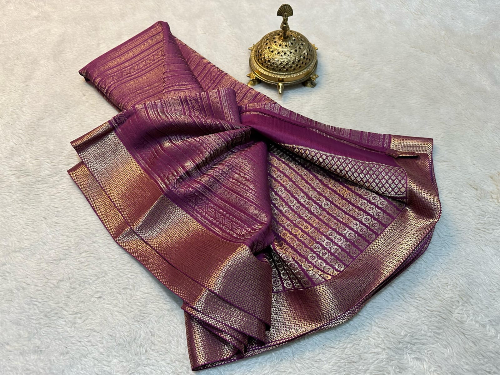 Purple Shades Long Border Pure Kanjivaram Soft Silk Saree