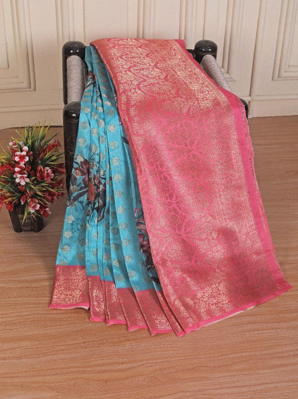 Premium latest soft silk printed saree in sky blue colour for Weddings & Festive Wear