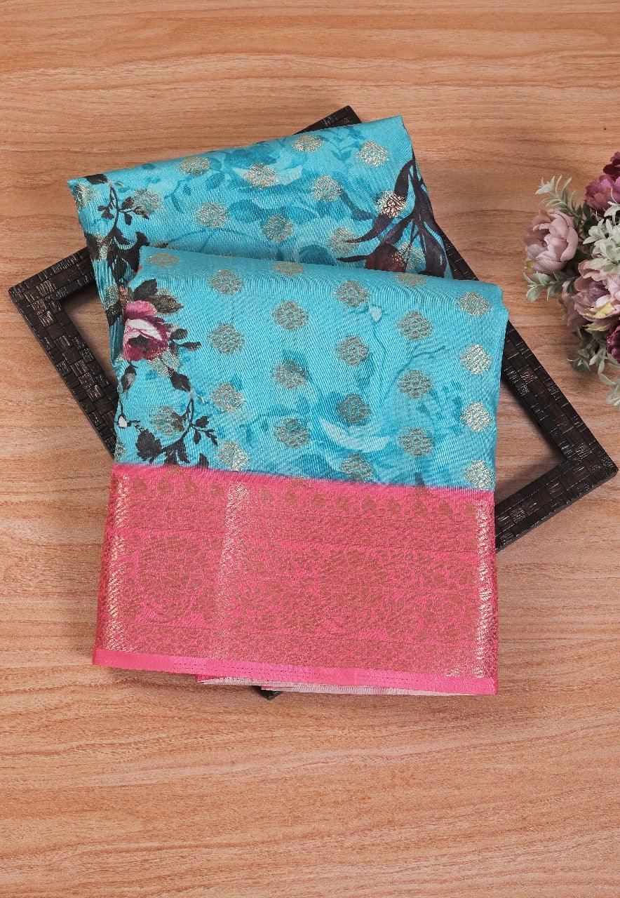 Premium latest soft silk printed saree in sky blue colour for Weddings & Festive Wear