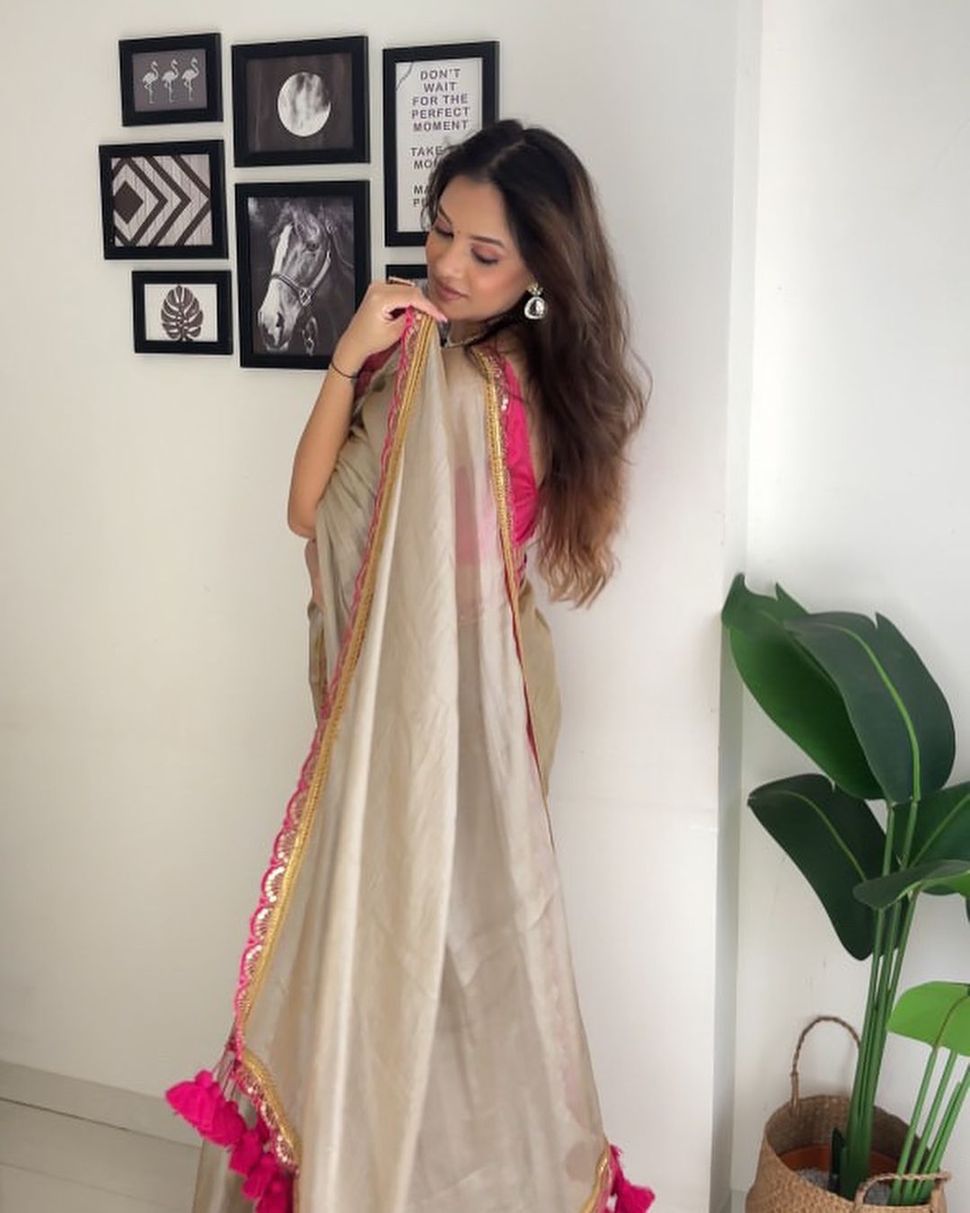 Gold and Pink Pure Crushed Tissue Silk Saree