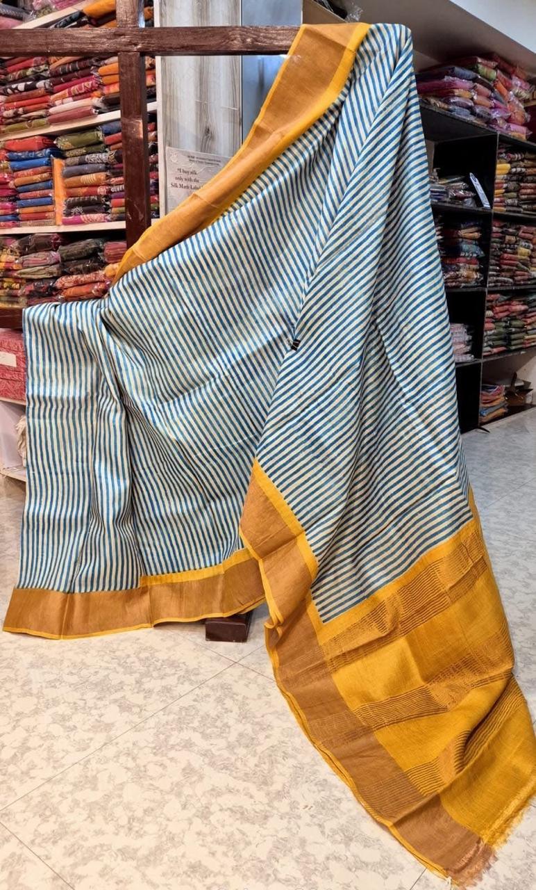 Tussar Handprint Sarees with Elegant Kanchi Pallu in Blue
