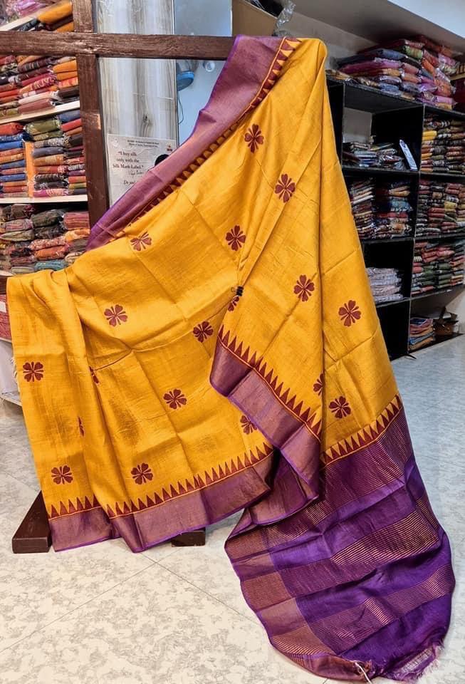 Premium Tussar Handprint Sarees with Elegant Kanchi Pallu in Golden for Weddings & Festive Wear