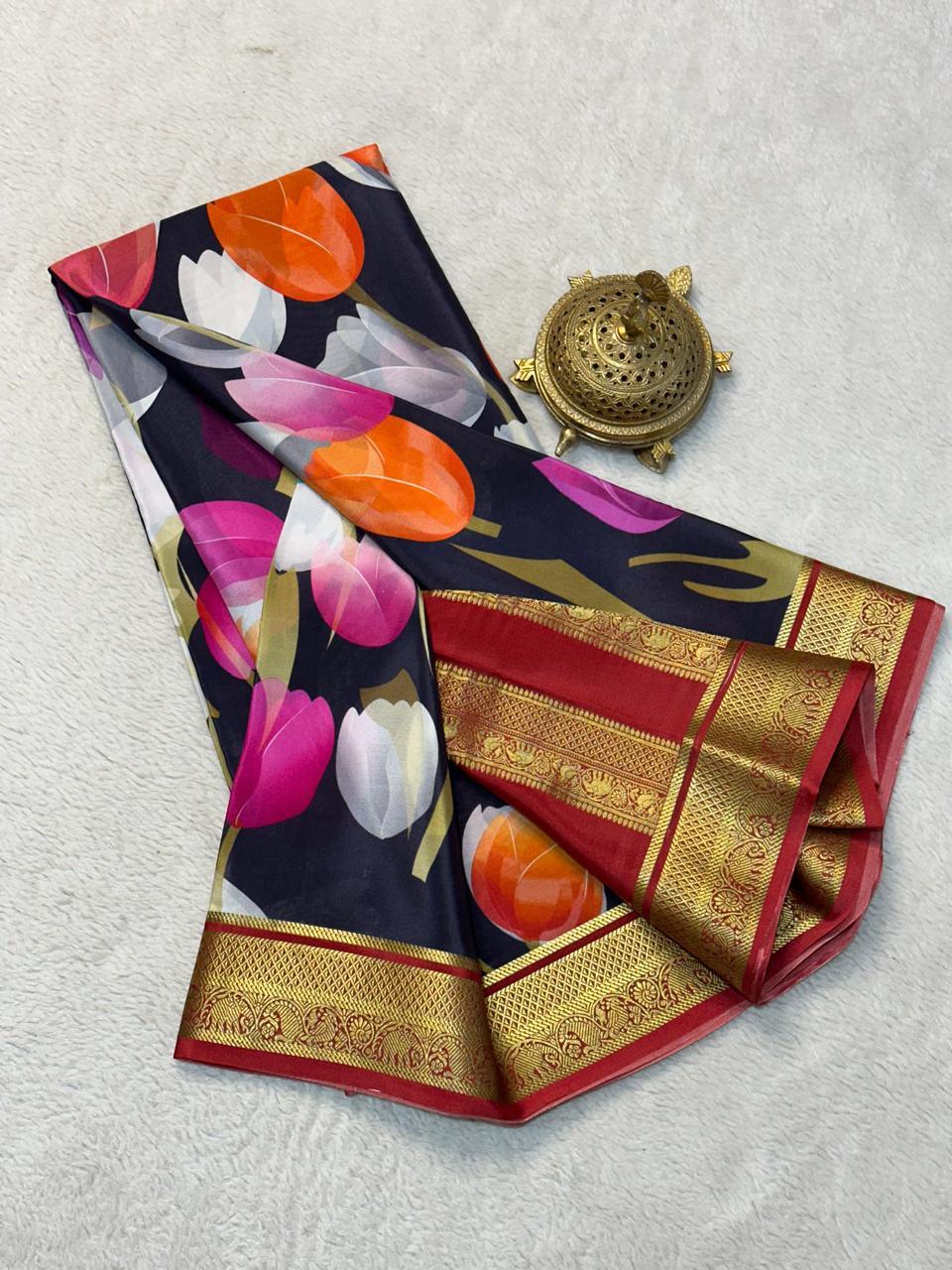 Modern Printed Mysore Crepe Silk with Kanchi Border and Contrast Pallu