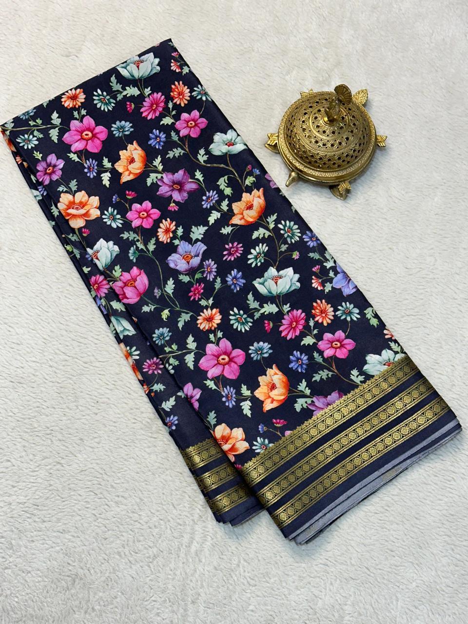 Premium Stylish Modern Printed Mysore Crepe Silk with Blouse for Weddings & Festive Wear