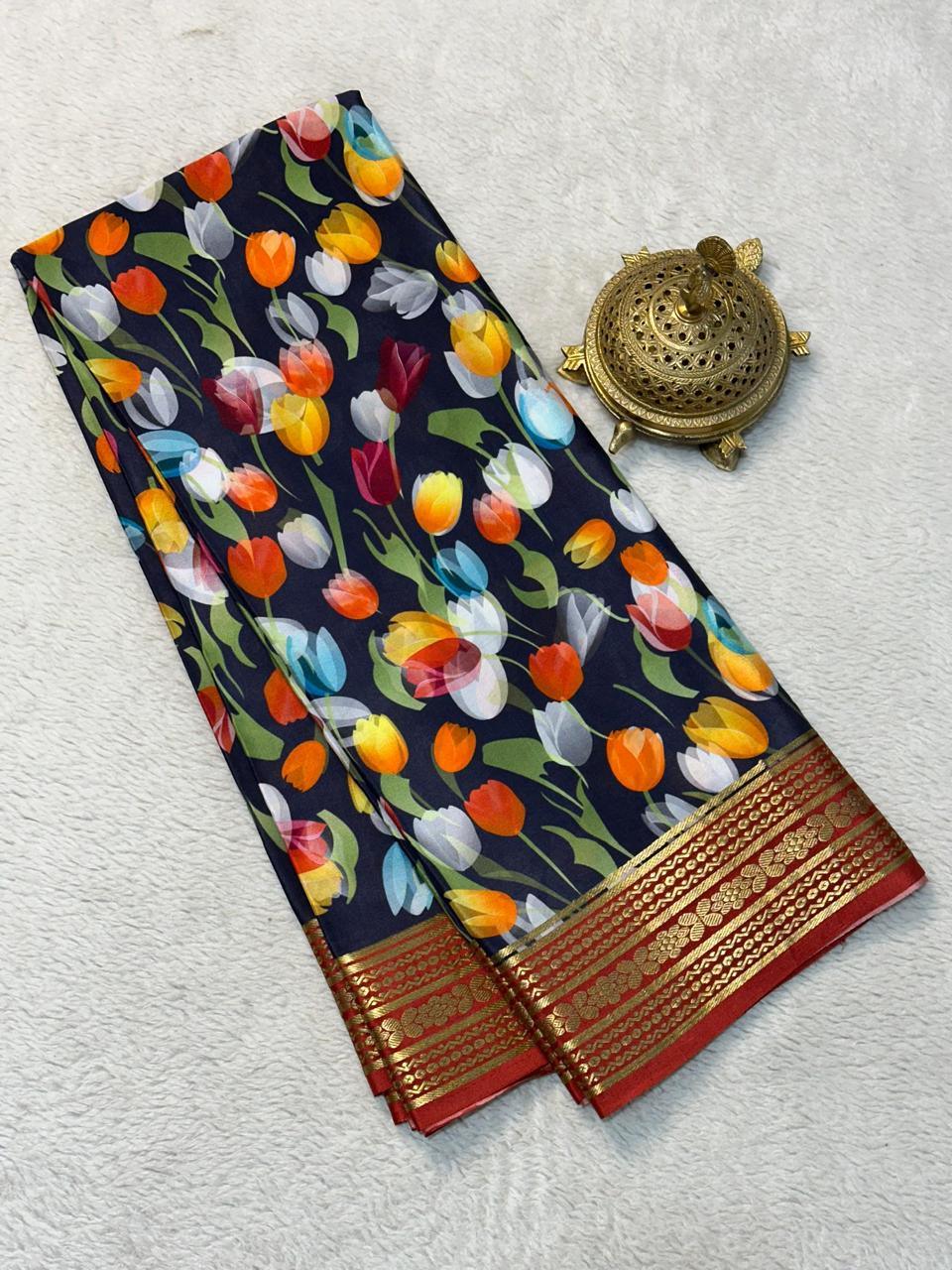 Premium Elegant Modern Printed Mysore Crepe Silk Saree with Kanchi Border for Weddings & Festive Wear