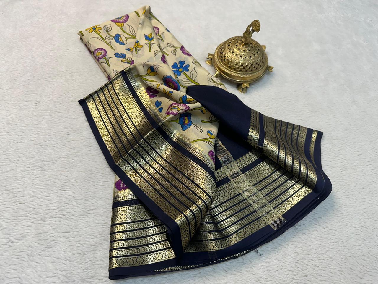 Premium Beautiful Modern Printed Mysore Crepe Silk with Blouse for Weddings & Festive Wear