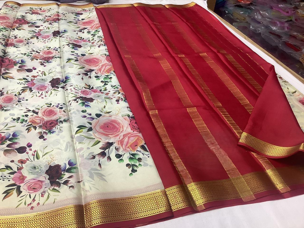 Premium Sleek Modern Printed Mysore Crepe Silk with Contrast Pallu for Weddings & Festive Wear