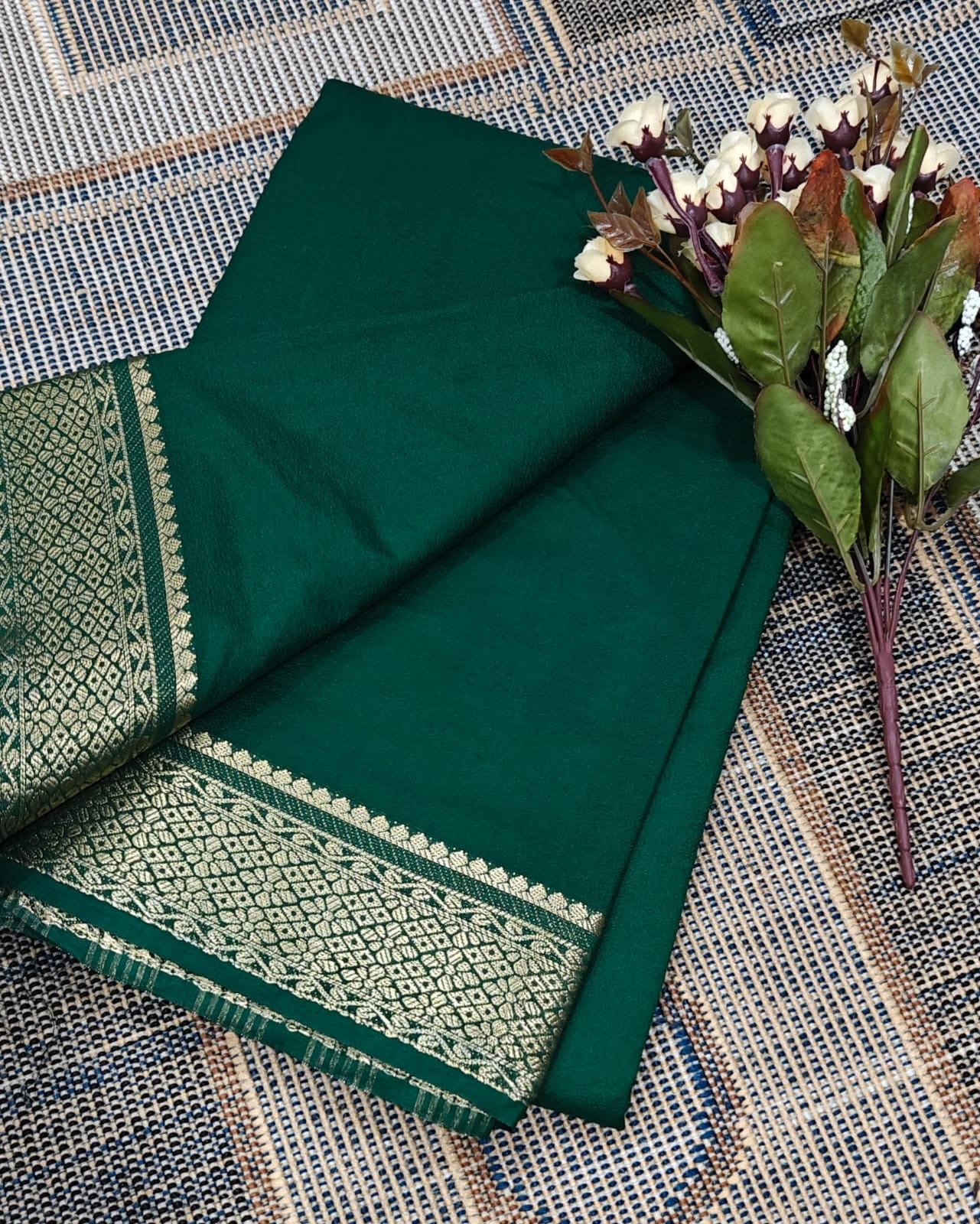 Dark Green Mysore Soft Silk Saree with Rich Golden Border