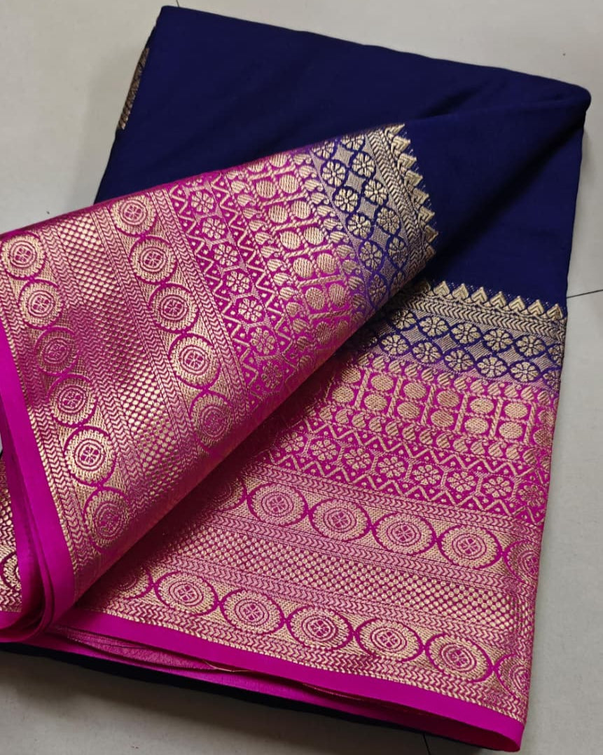 Blue Elegant Mysore Saree with Pink Golden Border