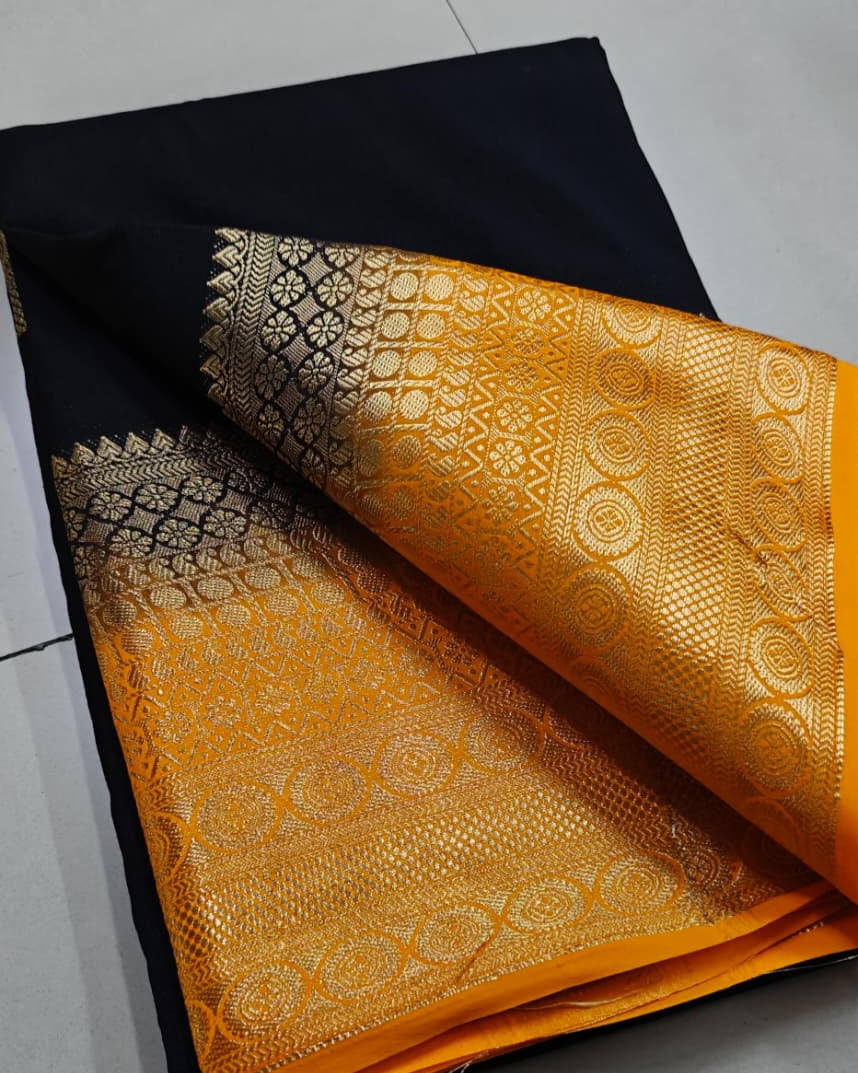Black Pure Silk Mysore Saree with Yellow Zari Weaving
