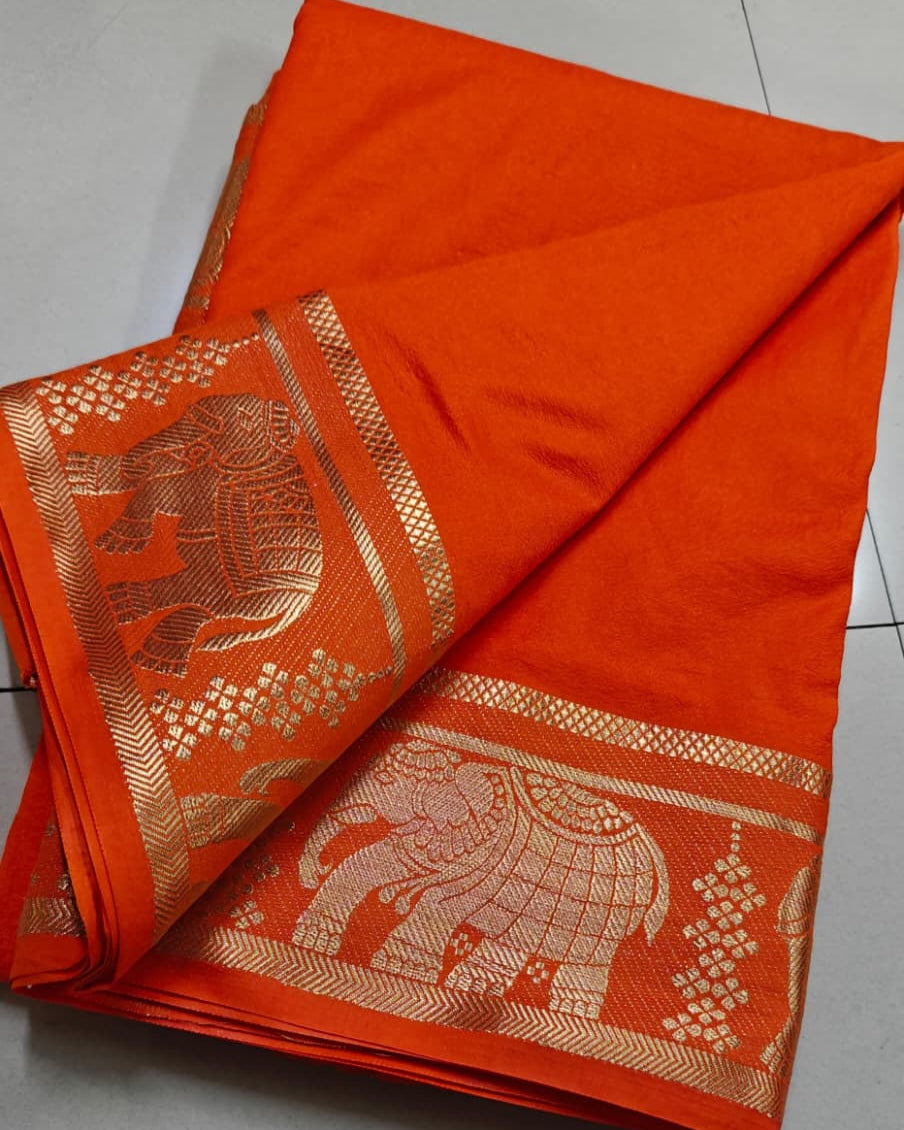 Light Red Mysore Saree with Elephants Golden Border
