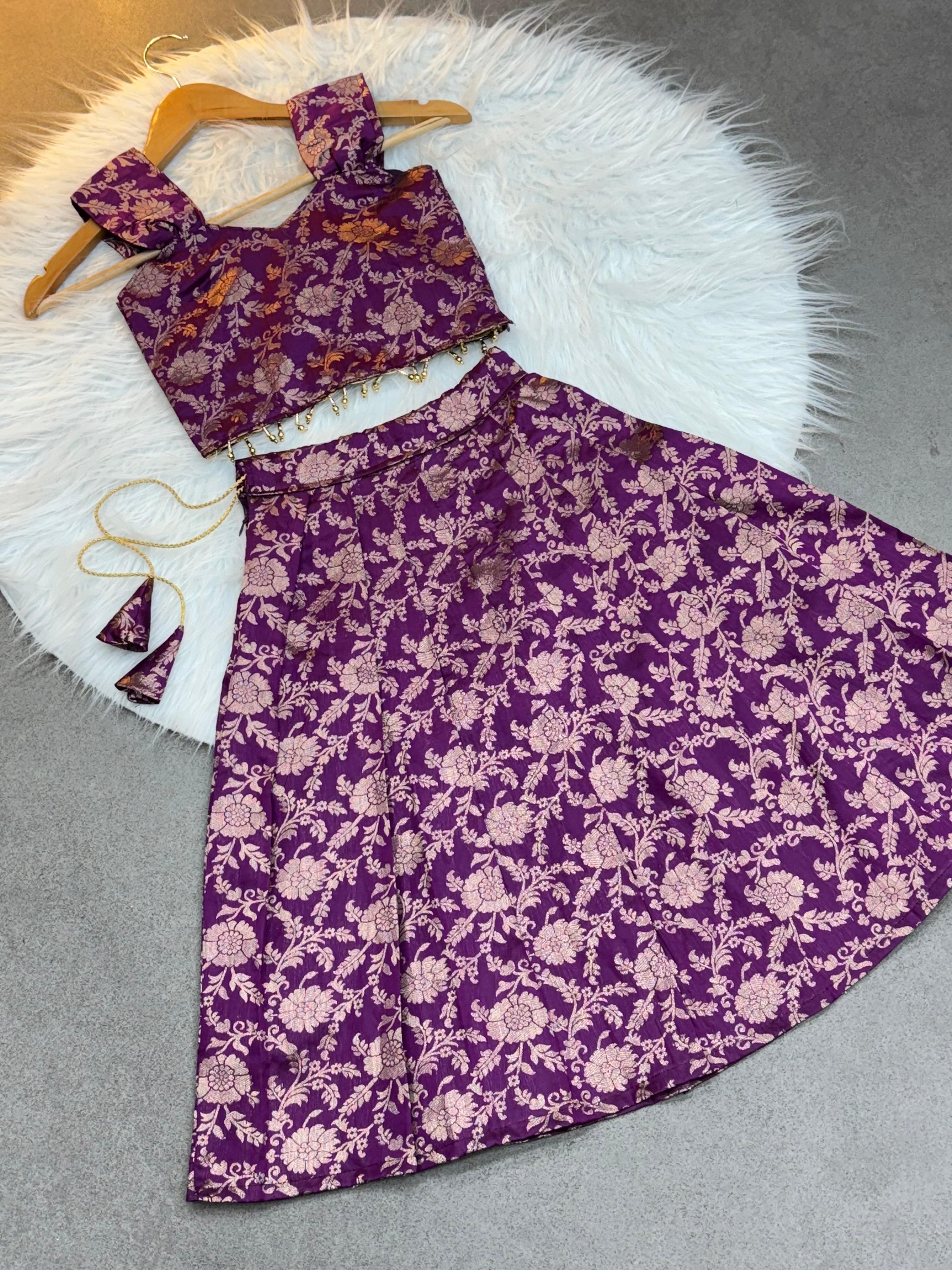 Soft Banarasi Silk with Jacquard Waving Pattern Lehnga Choli for Kids