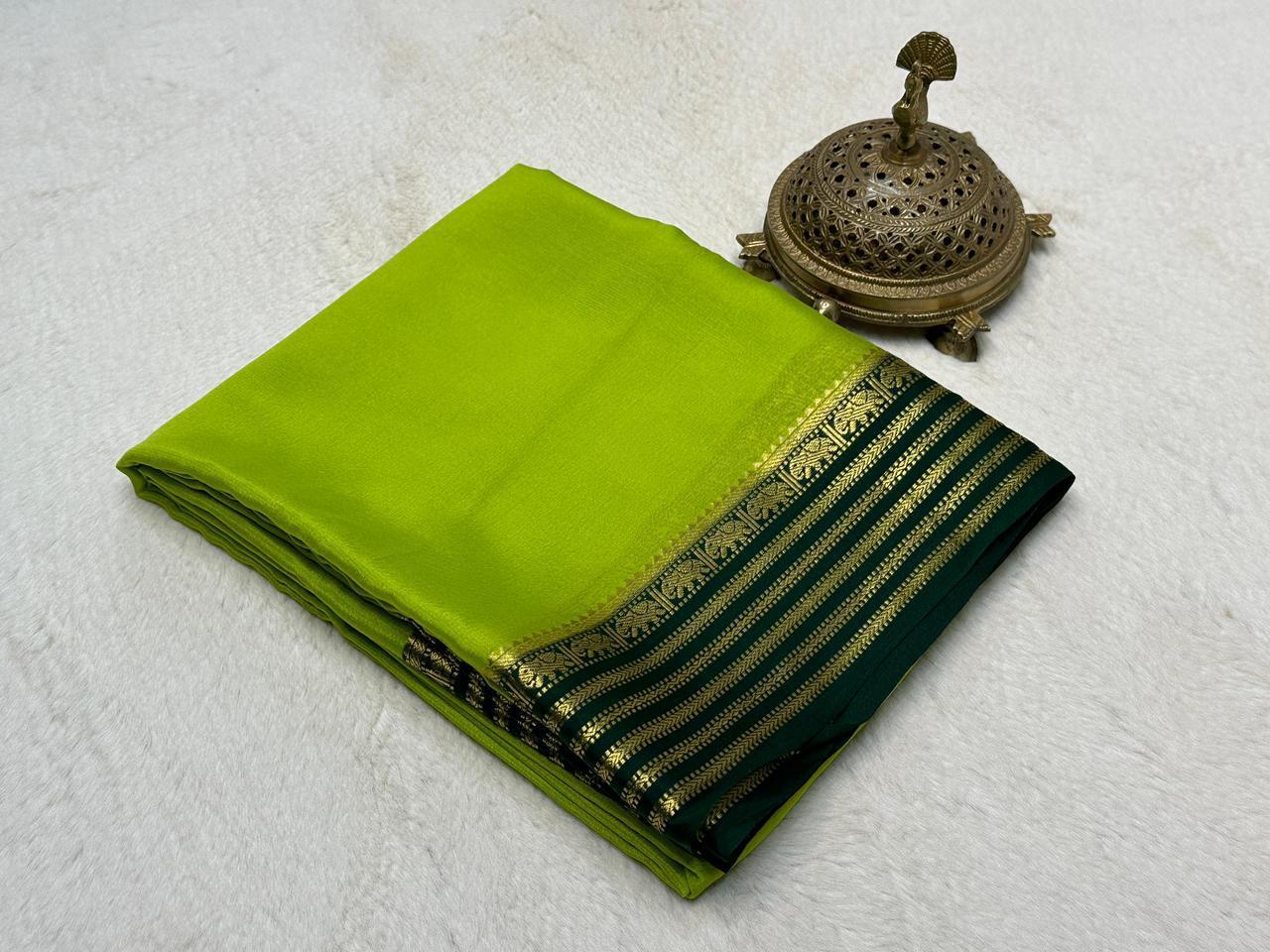 Lime Green Semi Mysore Silk Saree with Deep Emerald Gold-Zari Crafted Border & Blouse