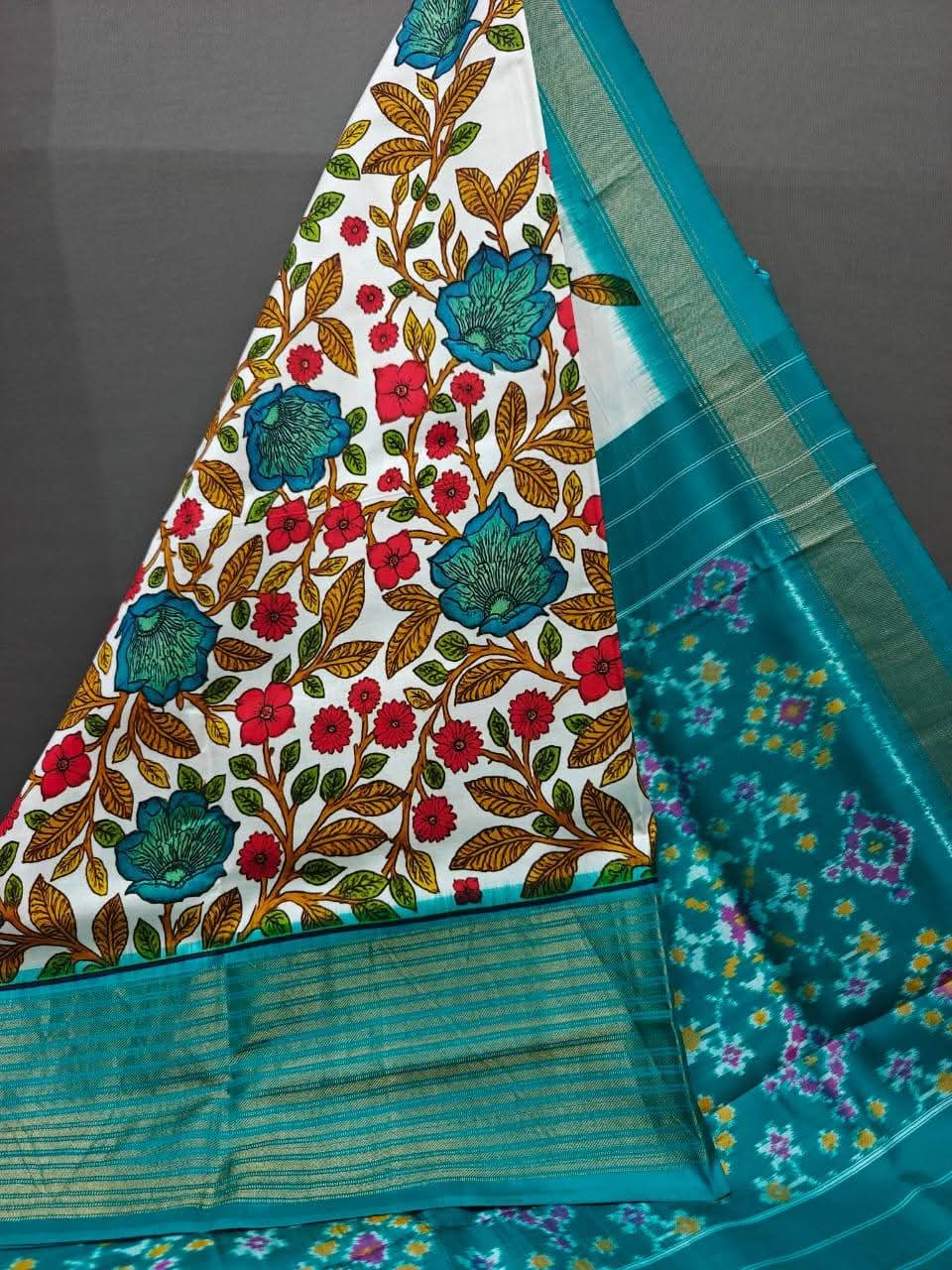 Rama colour Ikkat Soft Silk Sarees with Zari Border