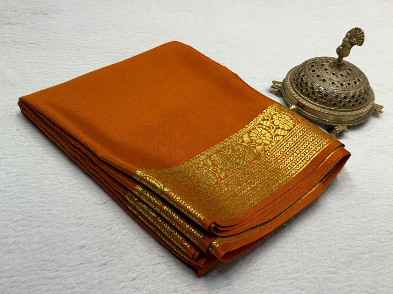 Rust Orange Mysore Crepe Silk Saree with gold  Border