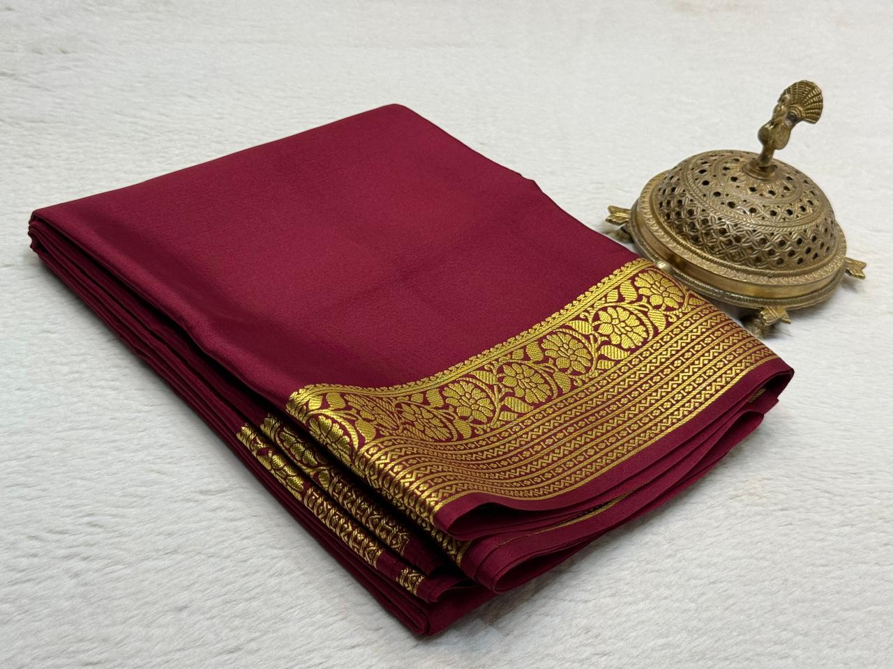 Wine Mysore Crepe Silk Saree with rich pallu