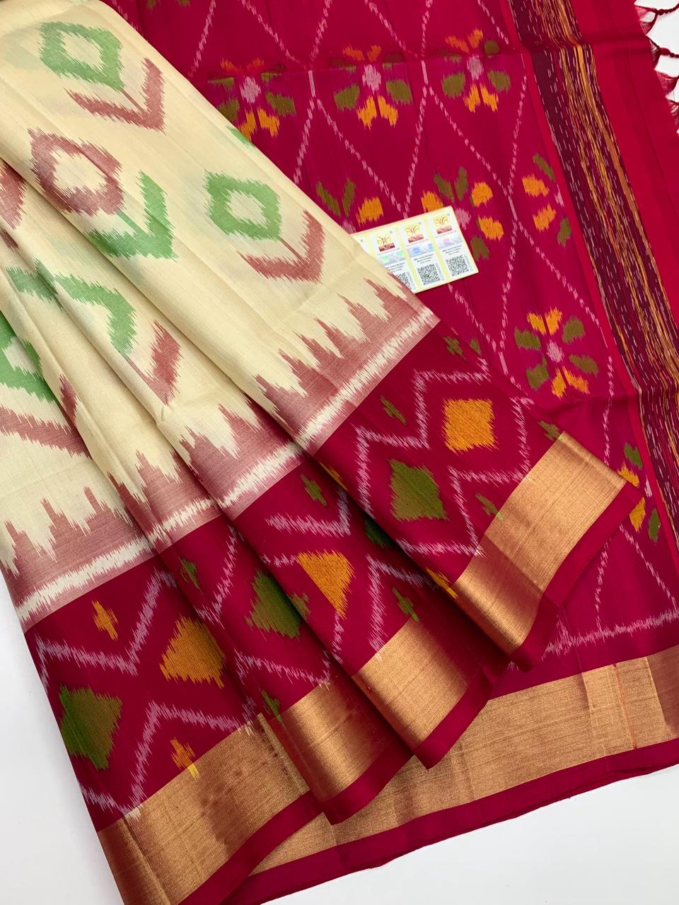 Cream & Rani Pink digital print Pochampally Semi Silk Saree