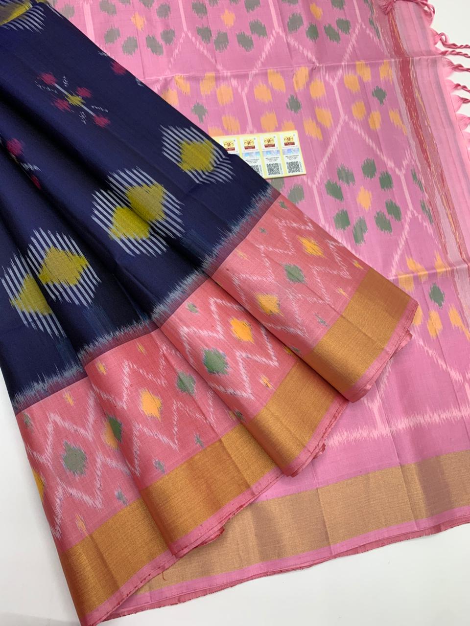 Navy Blue with Peach Pochampally Ikkat Silk saree