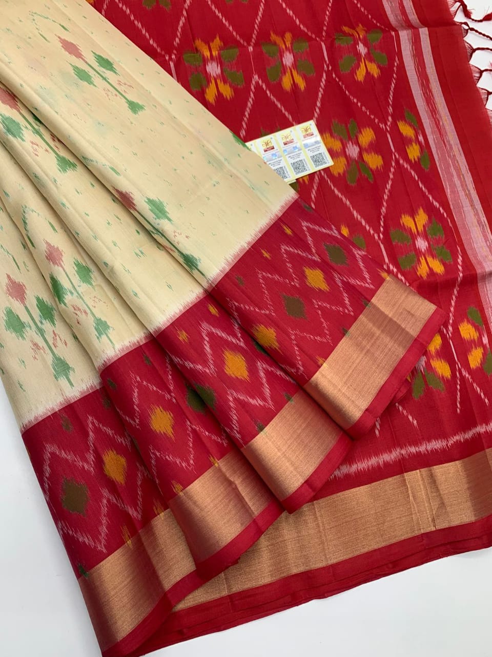 Off white with Red border ikkat silk saree for women